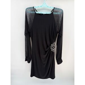 Eliza J Black Sheer Mesh Long Sleeve Embellished Ruched Cocktail Dress Size 8